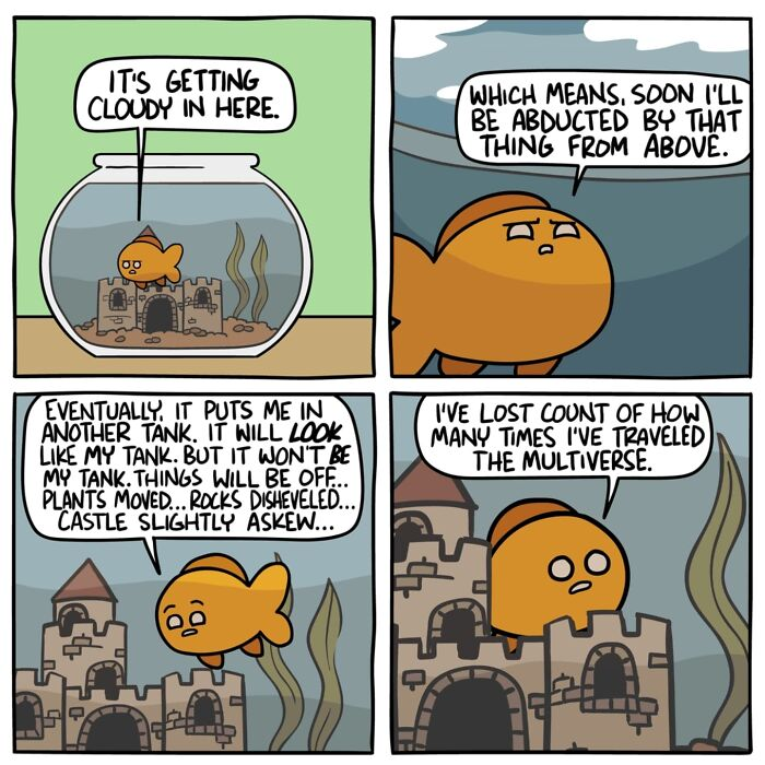 Funny and dark comic by Ryan Hudson featuring a goldfish in a tank discussing multiverse trave...png