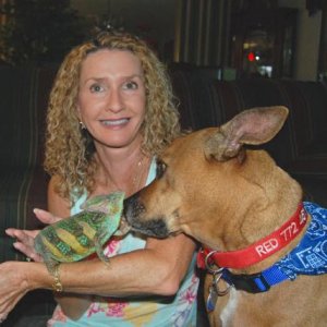 This is me with my dog Red and Luie.  They get along great.