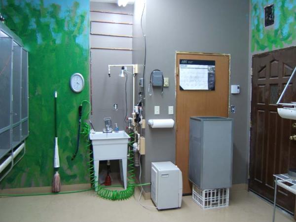 cham room shower stall, wash basin, dehumidifier, mop, and door to feeder room.