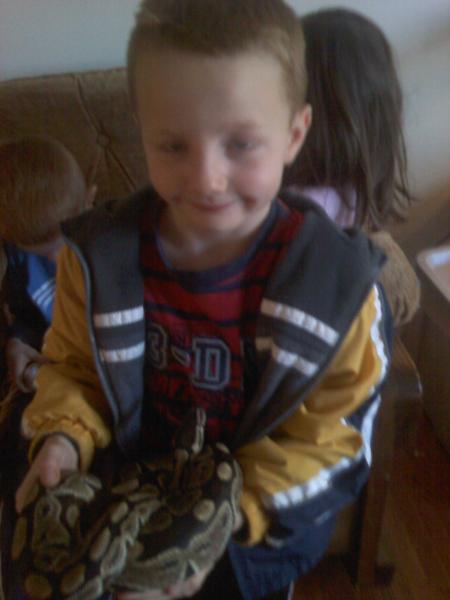 My son Dominic holding Ball Python
