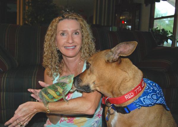 This is me with my dog Red and Luie.  They get along great.