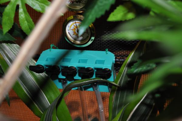 Water collected from the dripper via the funnel is routed to the 5-way gange valve which allows us to control water flow to the plants as needed.