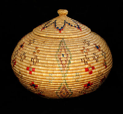 Yup'ik basket with bird skin imbrication